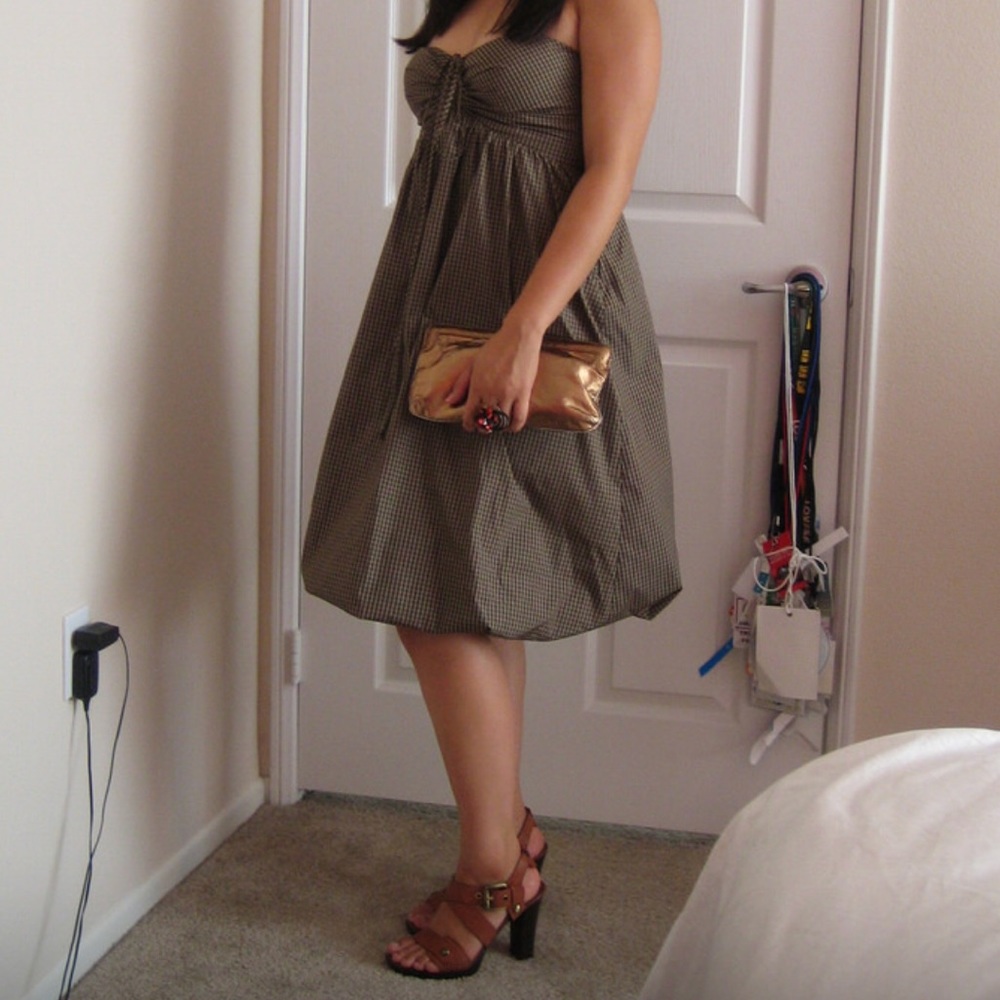 Brown Plaid Strapless Dress w/ Bubble Skirt